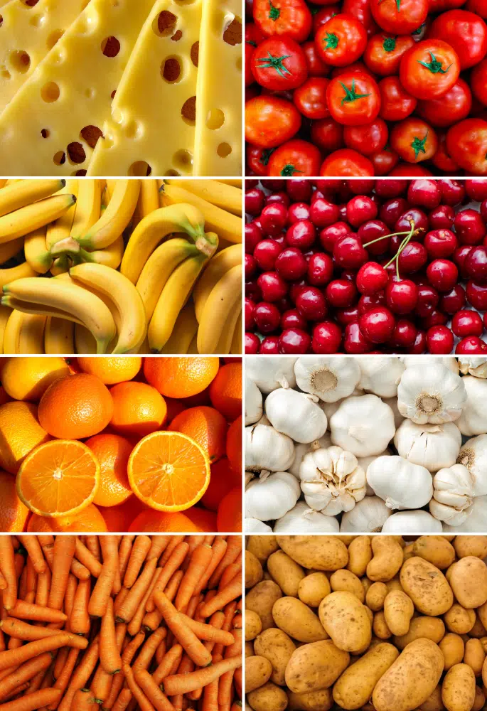 Sample of eight 6-letter foods including close ups of tomatoes, cherries and carrots