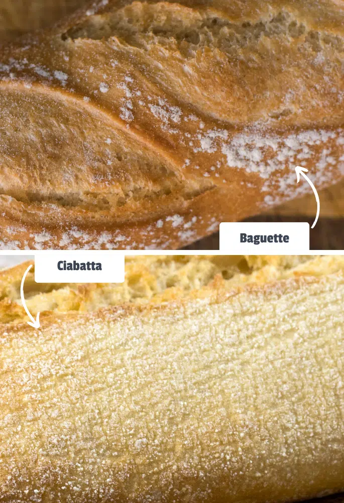 Baguette and ciabatta close up photos side by side with labels 