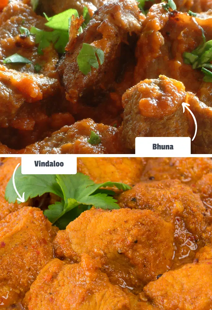Bhuna and vindaloo curries side by side with labels