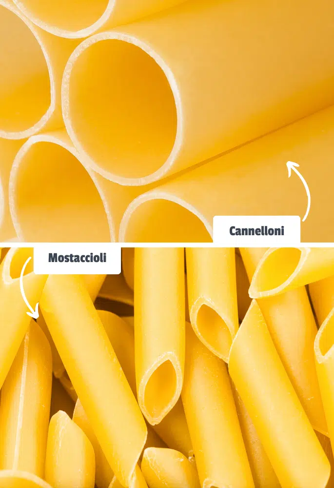 Cannelloni and mostaccioli side by side in a photo with labels