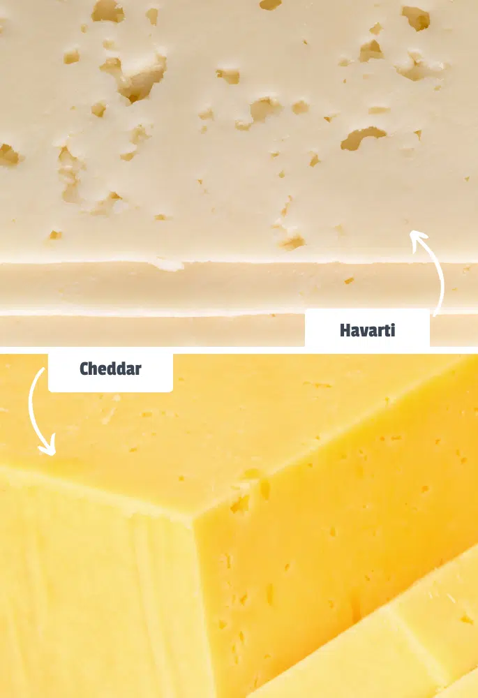Side by side comparison of Havarti and Cheddar with labels