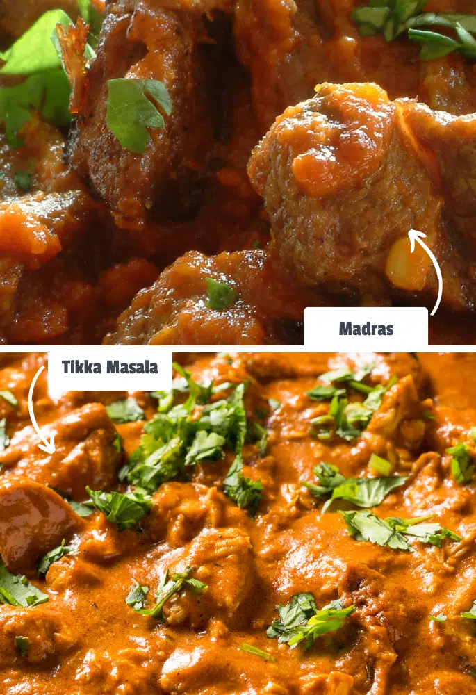 Madras and Tikka Masala side by side for comparison with labels