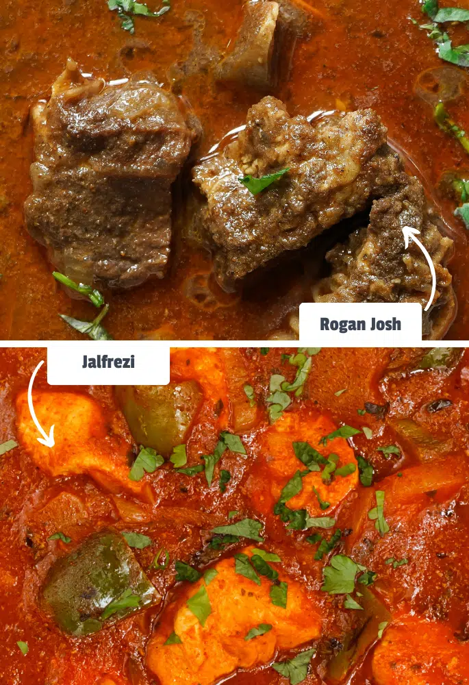Rogan josh and jalfrezi side-by-side with labels for comparing
