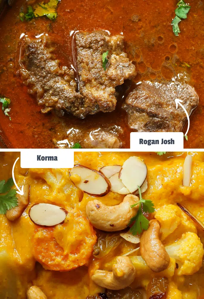 Rogan josh and korma side by side with labels for comparisons