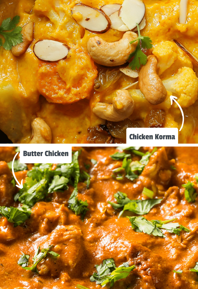Chicken korma and butter chicken side by side with labels for comparison