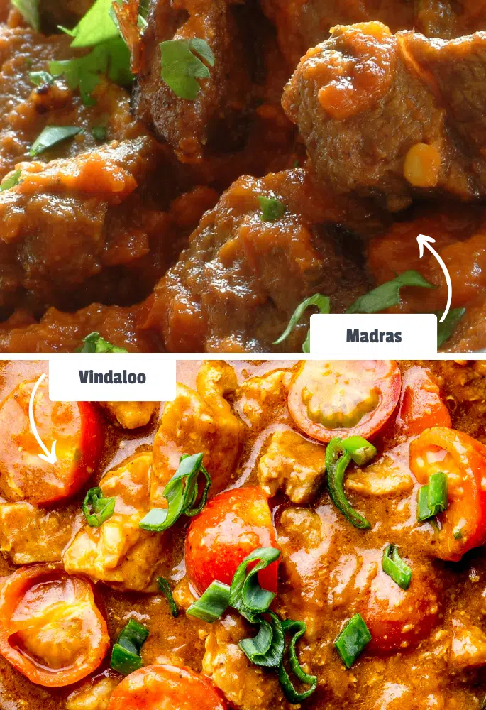 Close up of madras and vindaloo curries side-by-side with labels for comparison