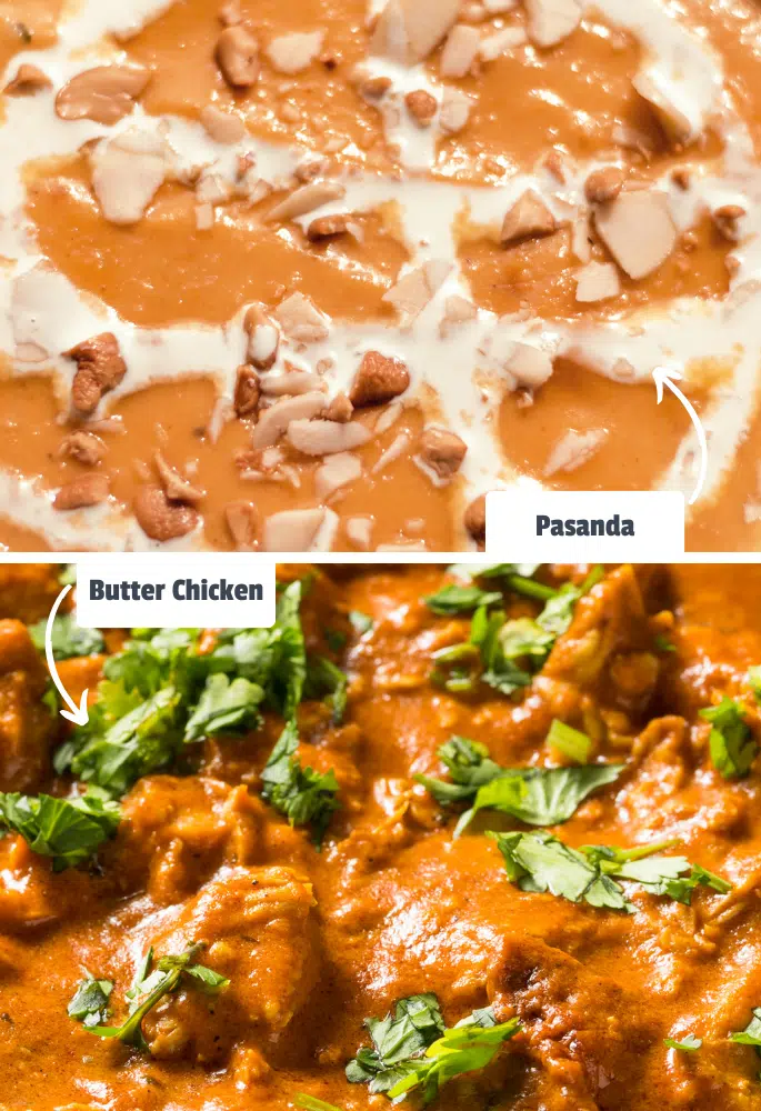 Pasanda and Butter Chicken side by side for comparison with labels