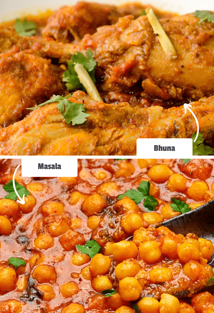 Bhuna and masala side-by-side with labels for comparison