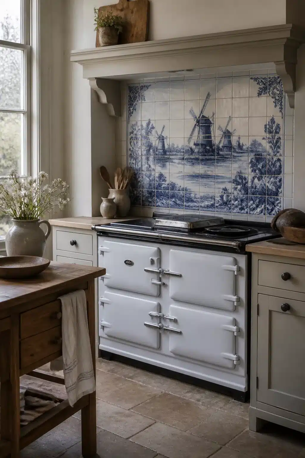 Delft blue windmill tile mural backsplash behind a white Aga — European farmhouse kitchen backsplash ideas