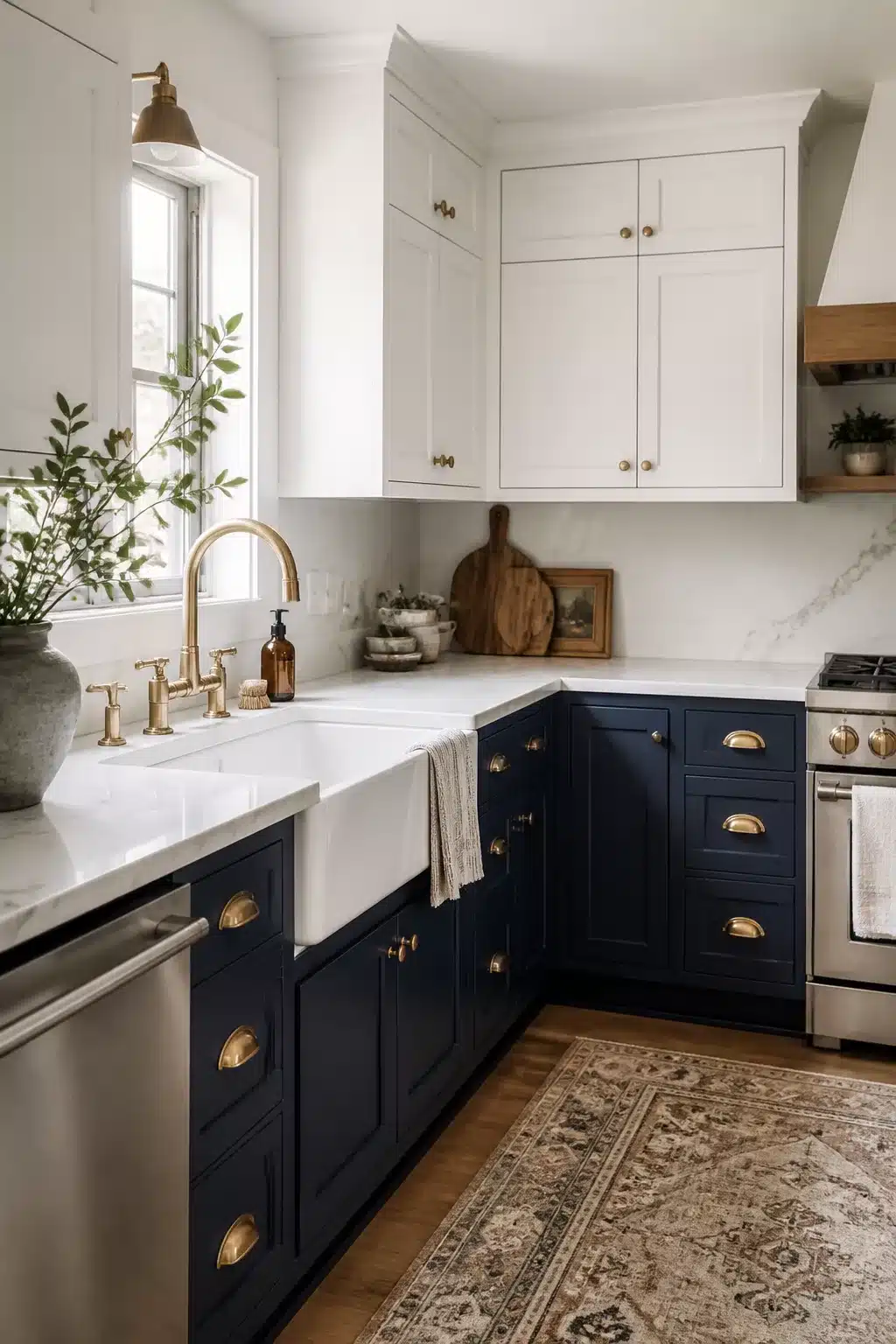 Navy and white farmhouse kitchen with gold hardware — polished cup pulls, brass faucet, and apron sink