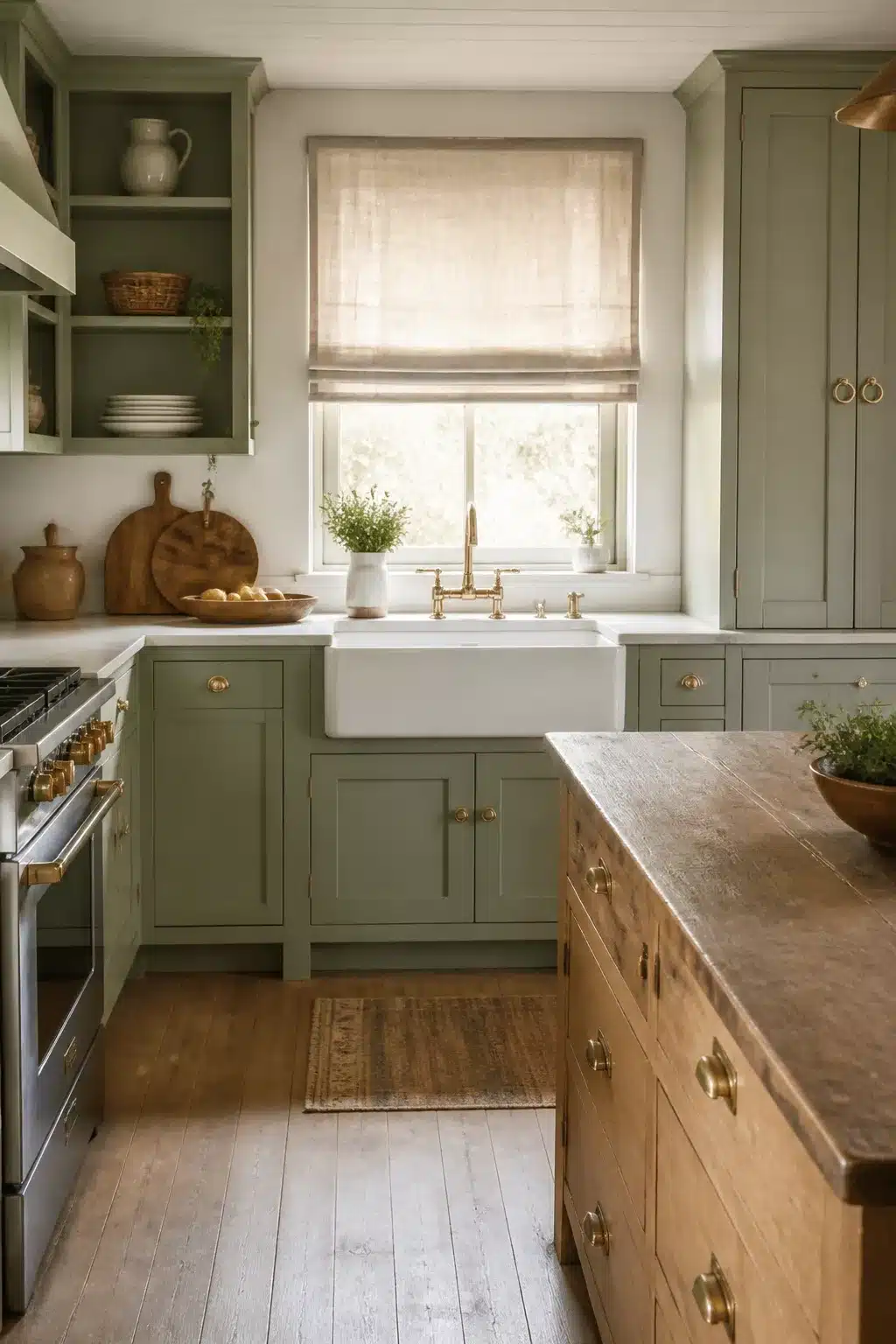 Sage green farmhouse kitchen with gold ring pulls, apron sink, and brass bridge faucet — Farmhouse Kitchens With Gold Hardware