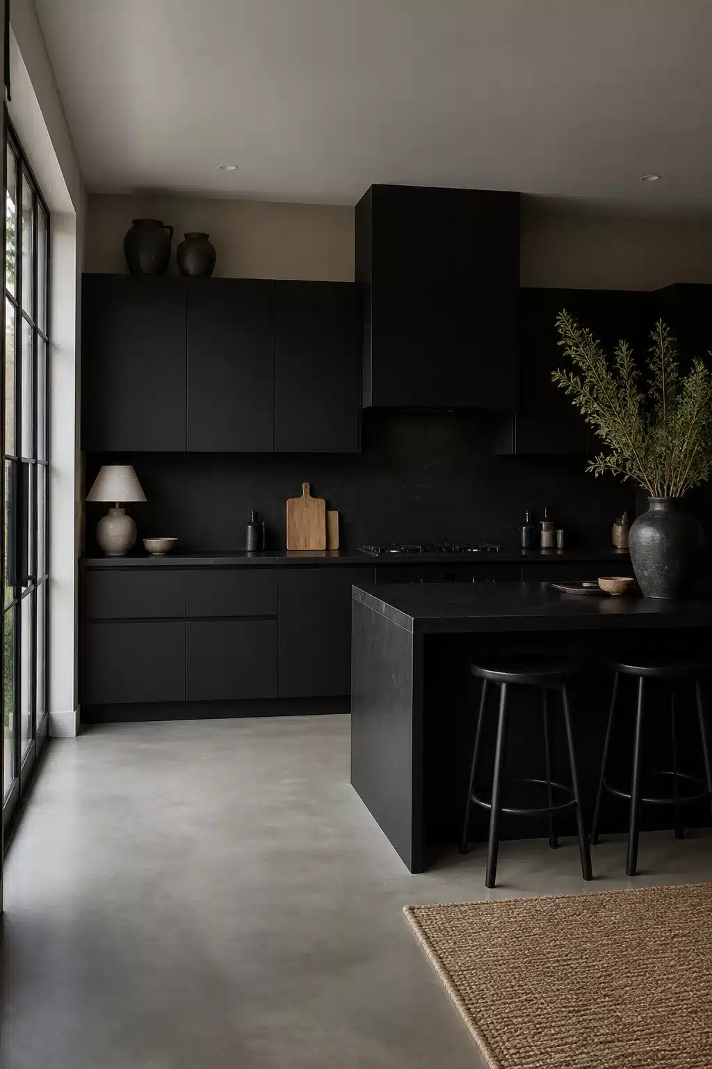 All-matte black kitchen with handle-free cabinetry, concrete floors and earthy accents — black kitchen aesthetic ideas