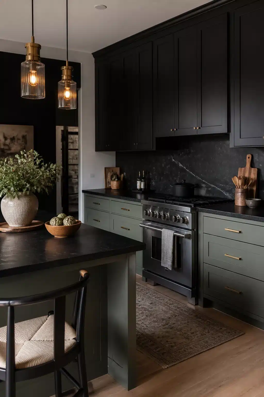 Black kitchen aesthetic ideas with sage green lower cabinets, black marble backsplash, brass hardware, and a pro range.