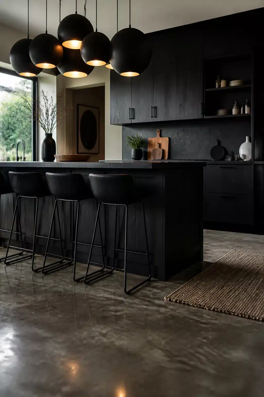 Black kitchen aesthetic ideas with matte globe pendant cluster, dark wood cabinets, and polished concrete floor