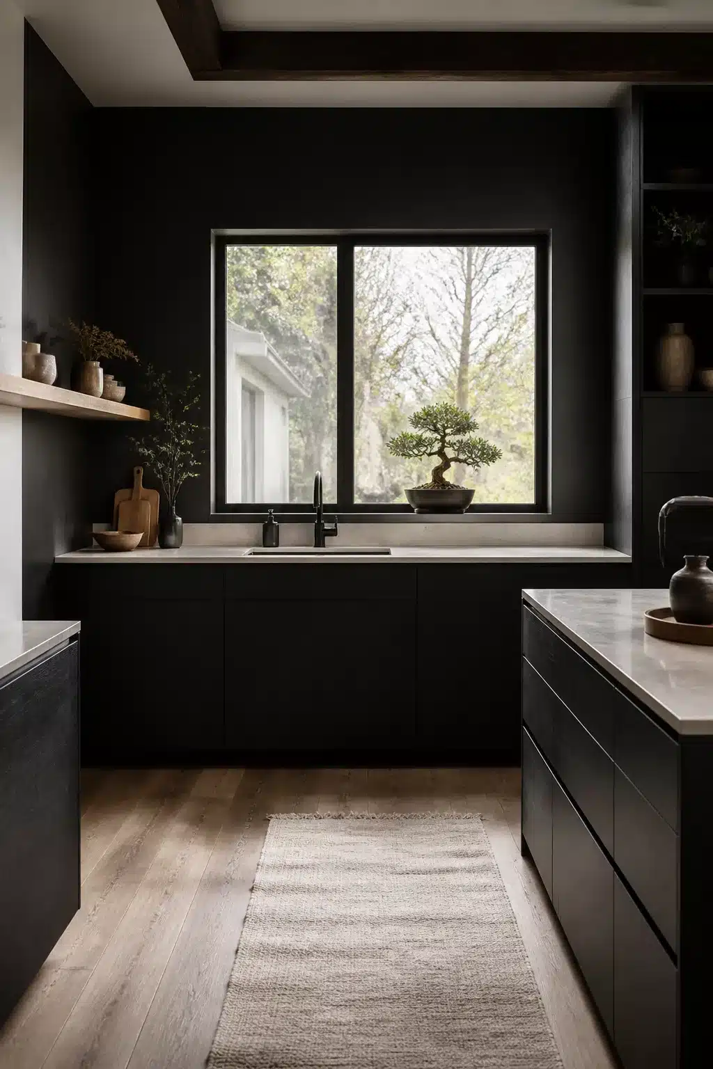 Japandi black kitchen aesthetic ideas with flat-front cabinets, stone counters, oak floor and bonsai styling