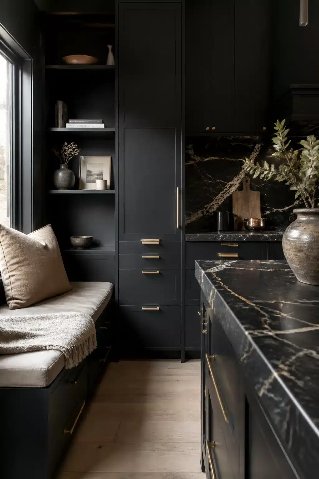 Black kitchen aesthetic idea with gold-veined black marble island, matte cabinets, brass hardware, and built-in bench seat