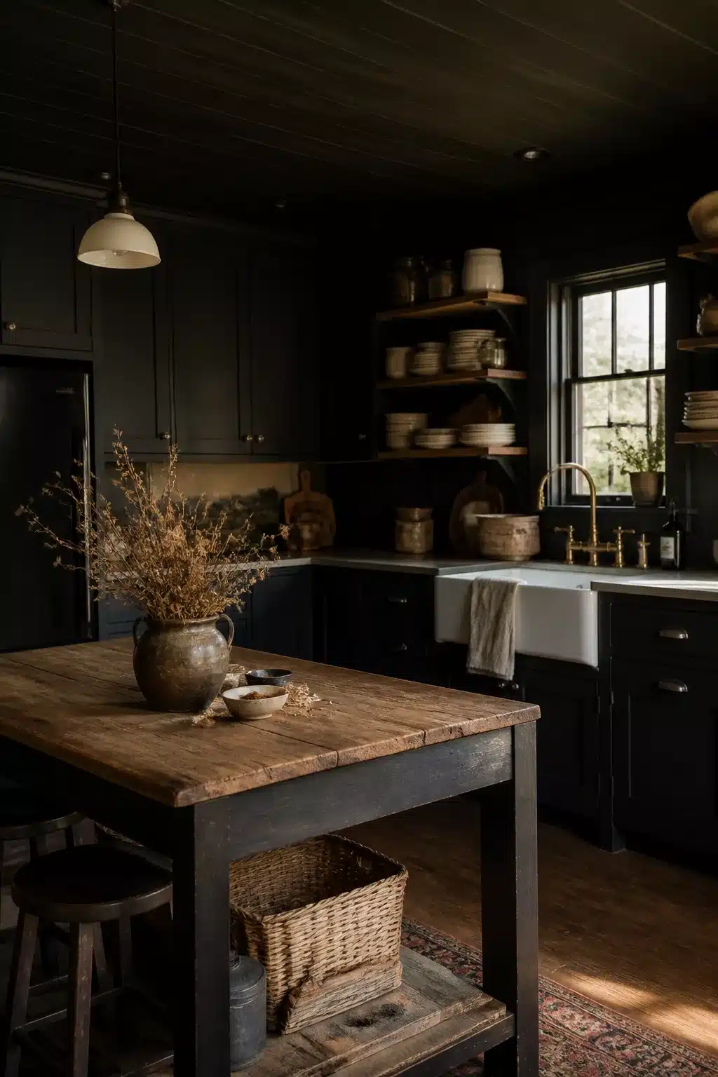 Black farmhouse kitchen aesthetic ideas with reclaimed wood island, brass faucet, and open shelving with stoneware