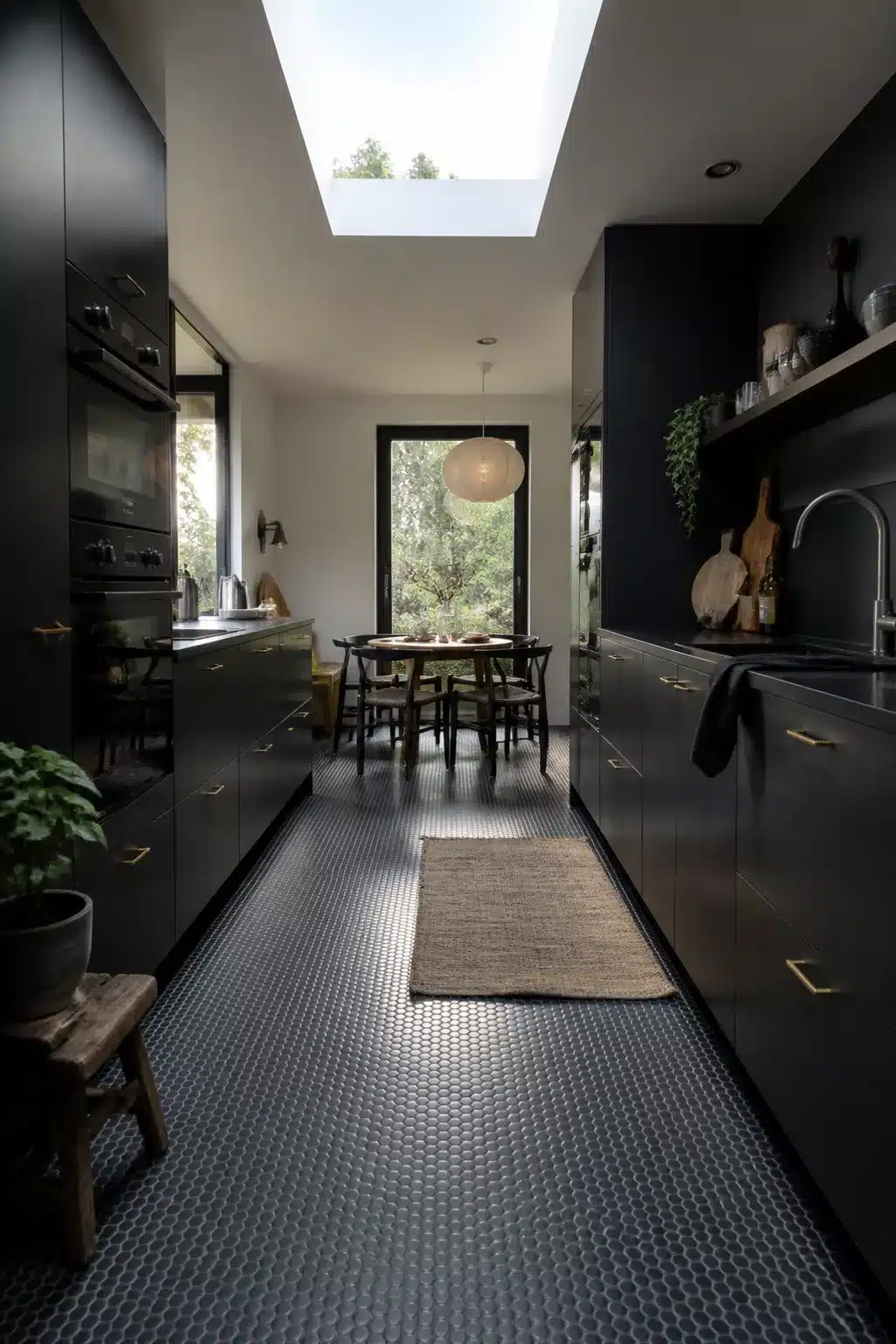 Black kitchen aesthetic ideas: compact galley with penny tile floor, flat-front black cabinets, brass hardware & skylight