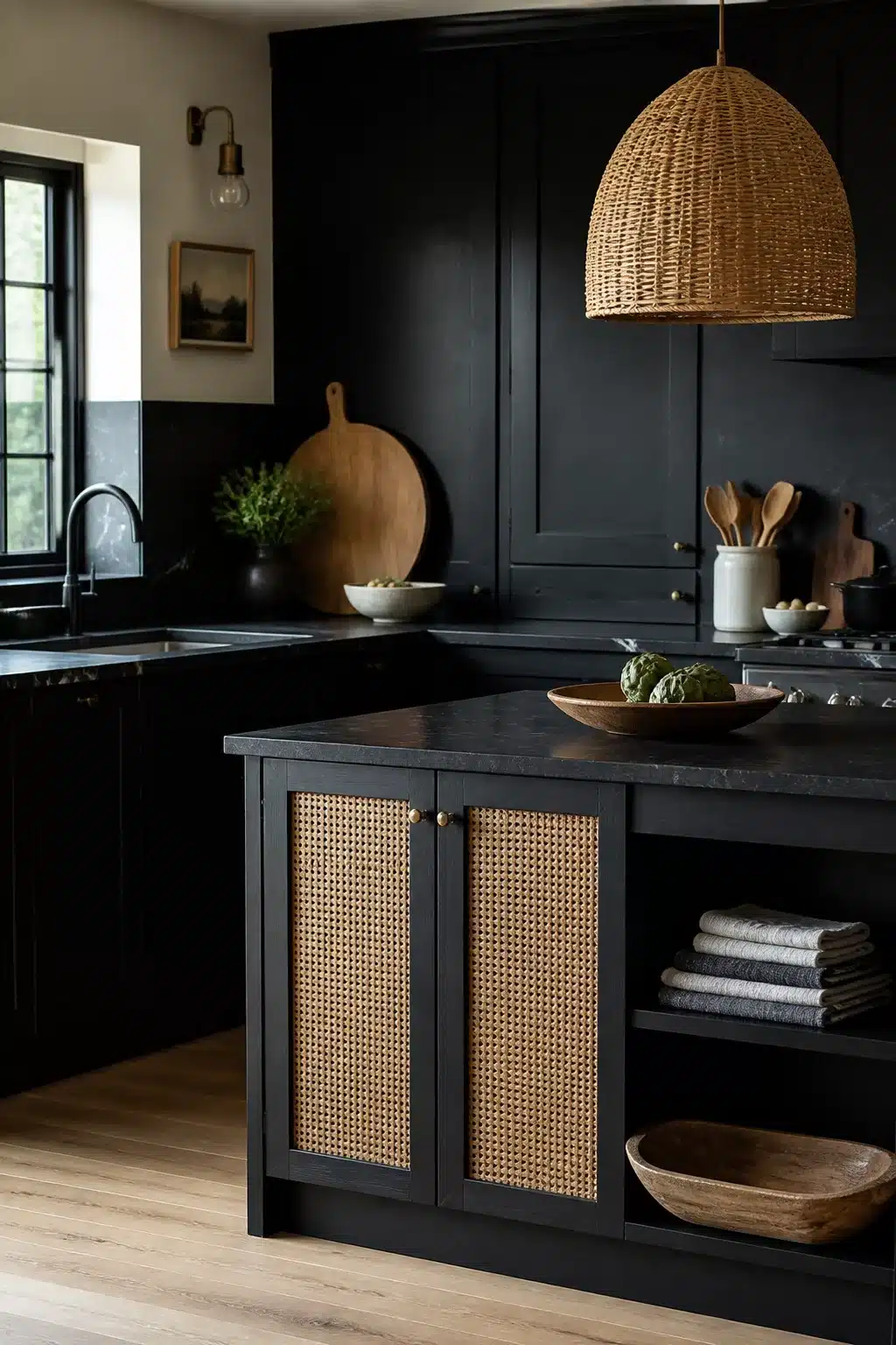 Black kitchen aesthetic ideas with cane door panels, wicker pendant, and dark stone countertops