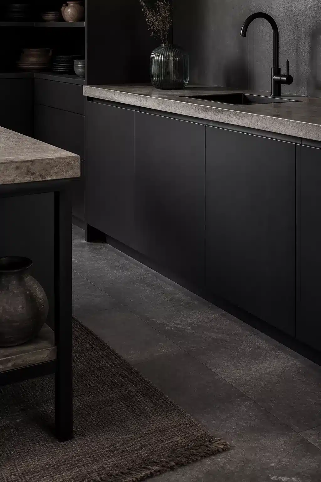 Matte black flat-front kitchen with concrete countertops and black faucet — black kitchen aesthetic ideas