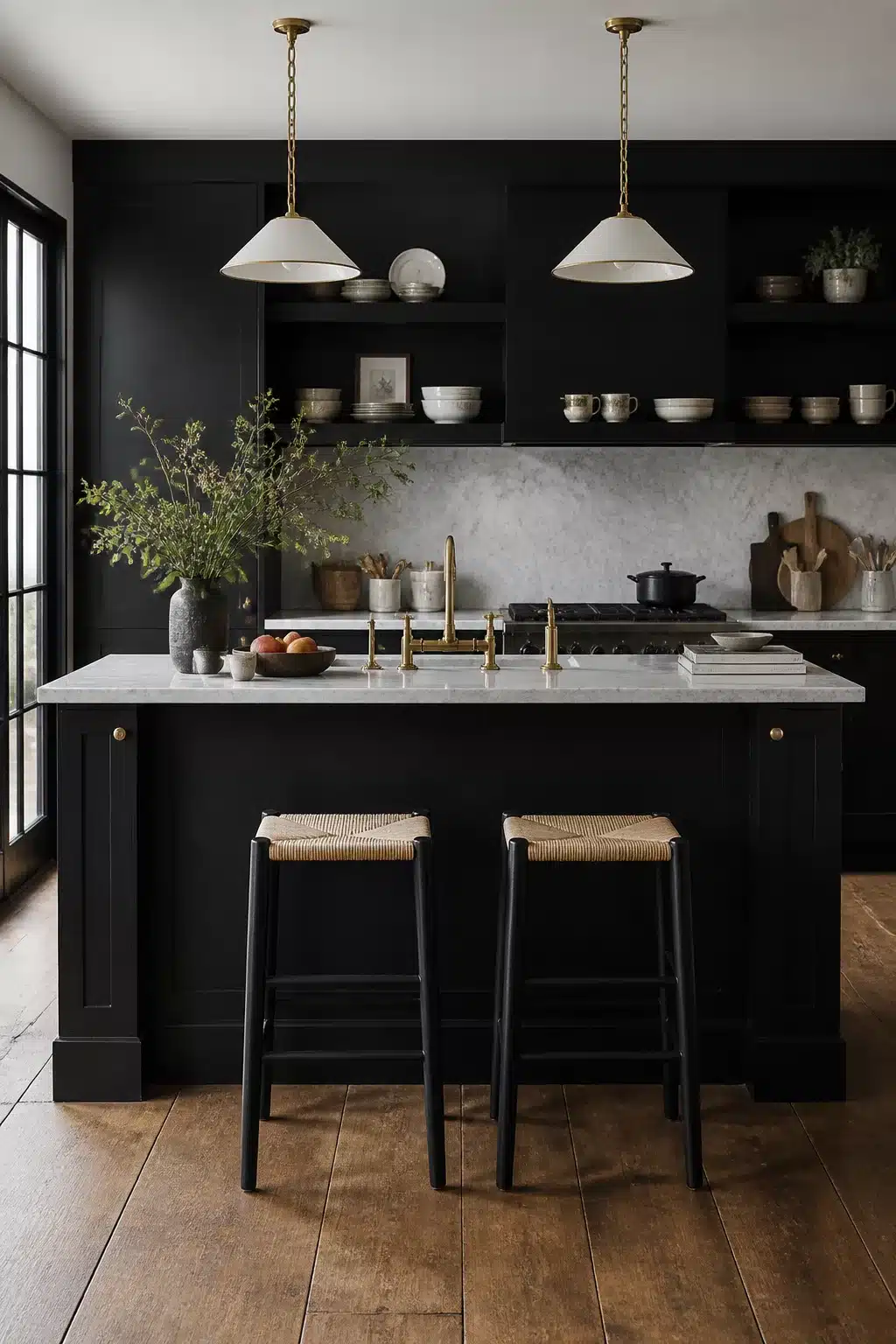 Black kitchen aesthetic ideas with matte black shaker cabinets, brass hardware, marble countertops, and wood floors