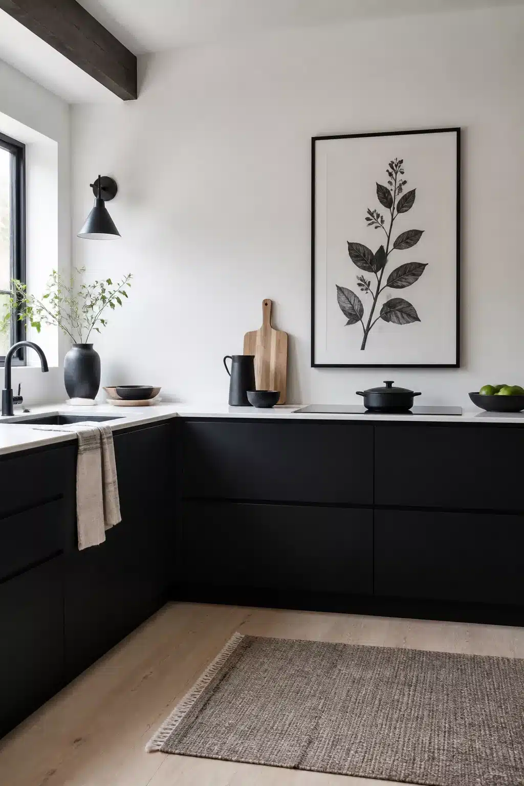 Scandi black kitchen aesthetic ideas with flat-front cabinets, botanical art, and white walls