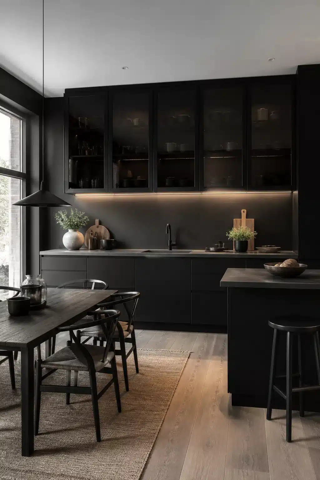 Black kitchen aesthetic ideas with smoked glass upper cabinets, under-cabinet lighting, and wishbone dining chairs