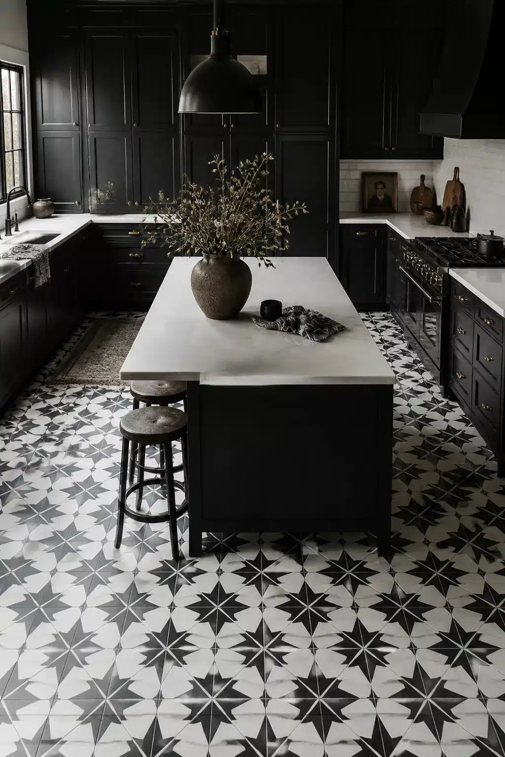 Black kitchen aesthetic ideas with matte black cabinets, white island countertop, and bold geometric star floor tile