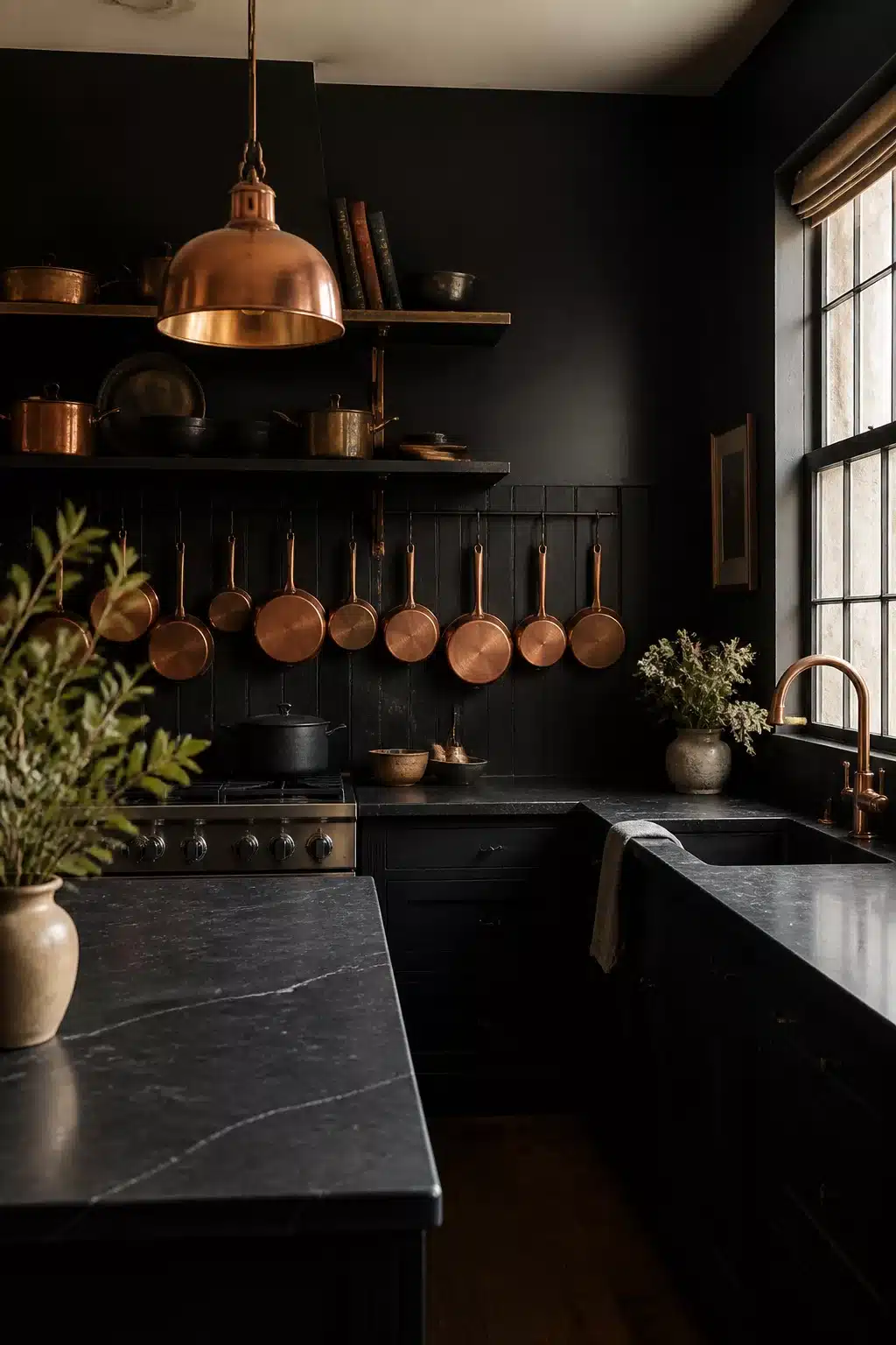 Black kitchen aesthetic ideas with soapstone countertops, hung copper pans, and a copper pendant light