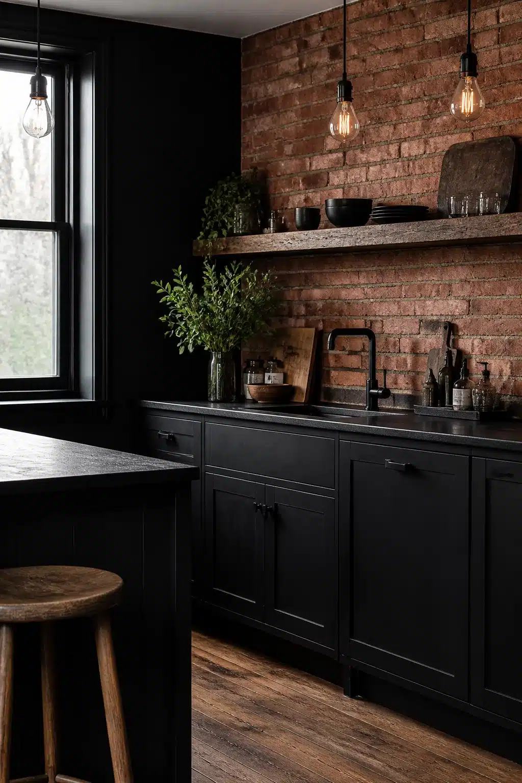Black kitchen aesthetic ideas with matte black cabinets, exposed red brick wall, wood shelf, and Edison pendant lights