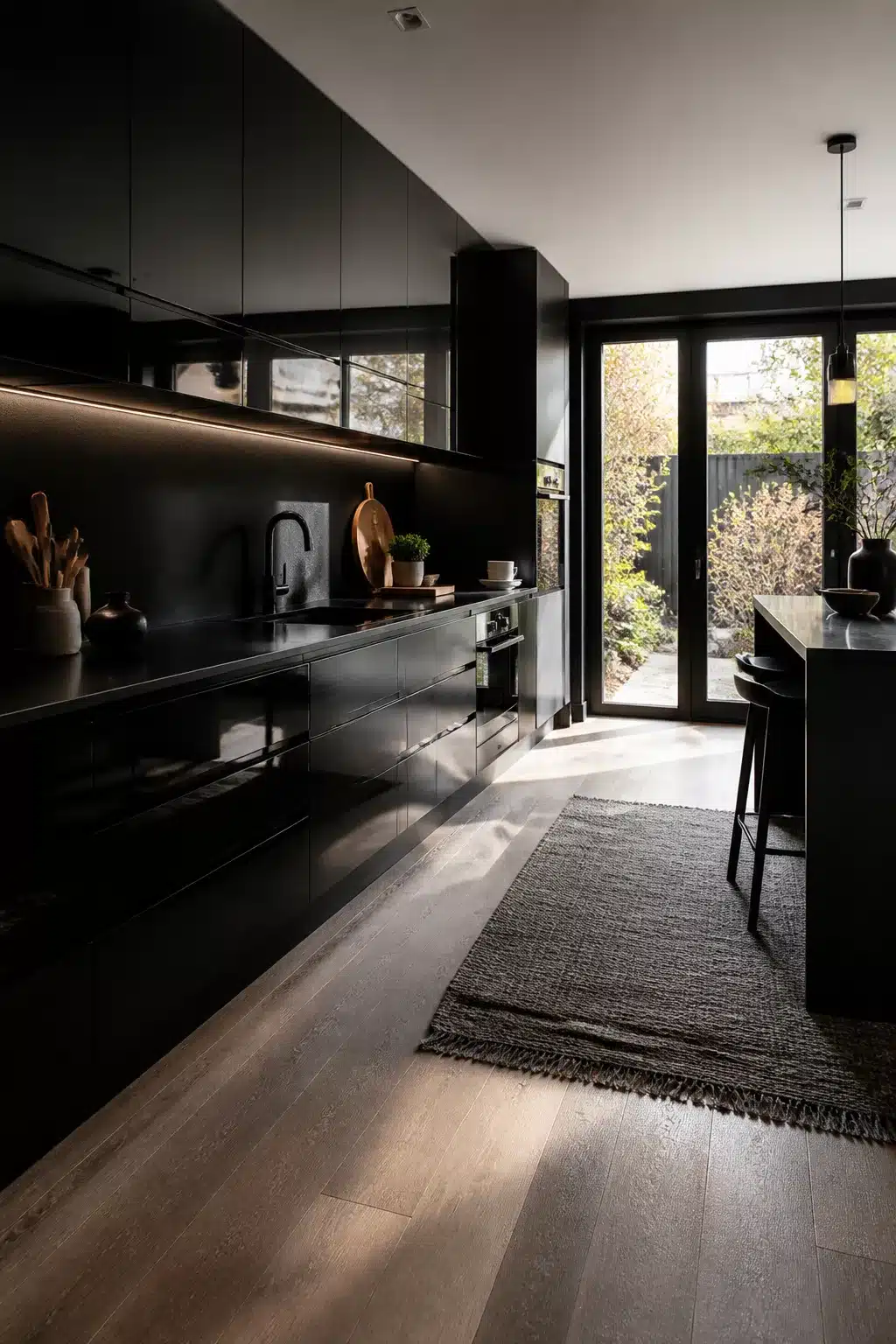 High-gloss black kitchen with warm oak floors and LED under-cabinet lighting — black kitchen aesthetic ideas