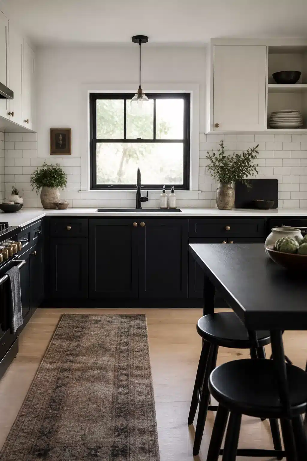 Black lower cabinets with white subway tile backsplash — black kitchen aesthetic ideas with two-tone contrast