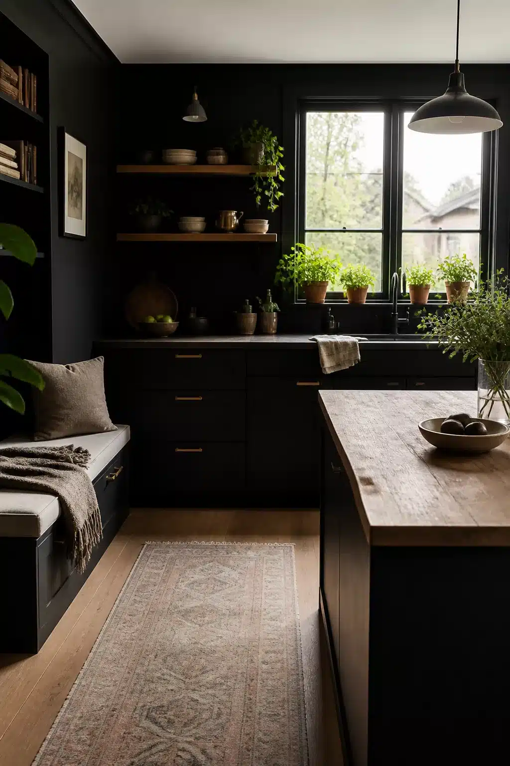 Black kitchen aesthetic ideas with matte black cabinets, live-edge walnut island, open shelving & herb plants by window