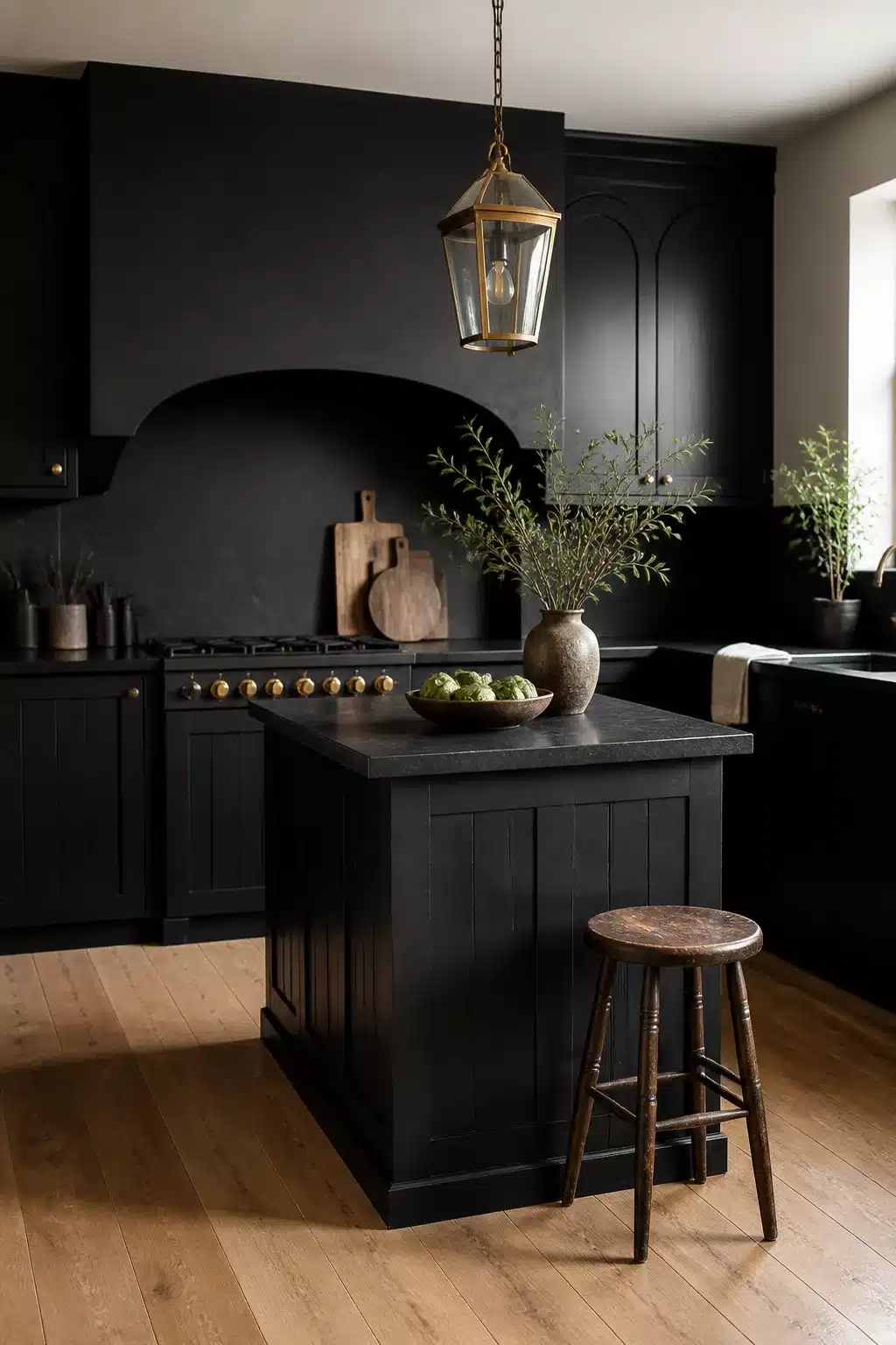 Moody black kitchen aesthetic ideas with arched hood, brass lantern pendant, and oak hardwood floor