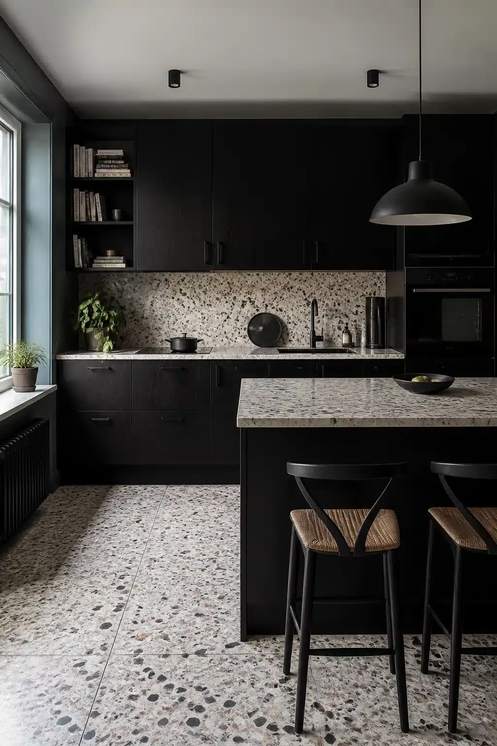 Black kitchen aesthetic ideas with matte black cabinets, terrazzo countertops, backsplash, and matching terrazzo floor tiles