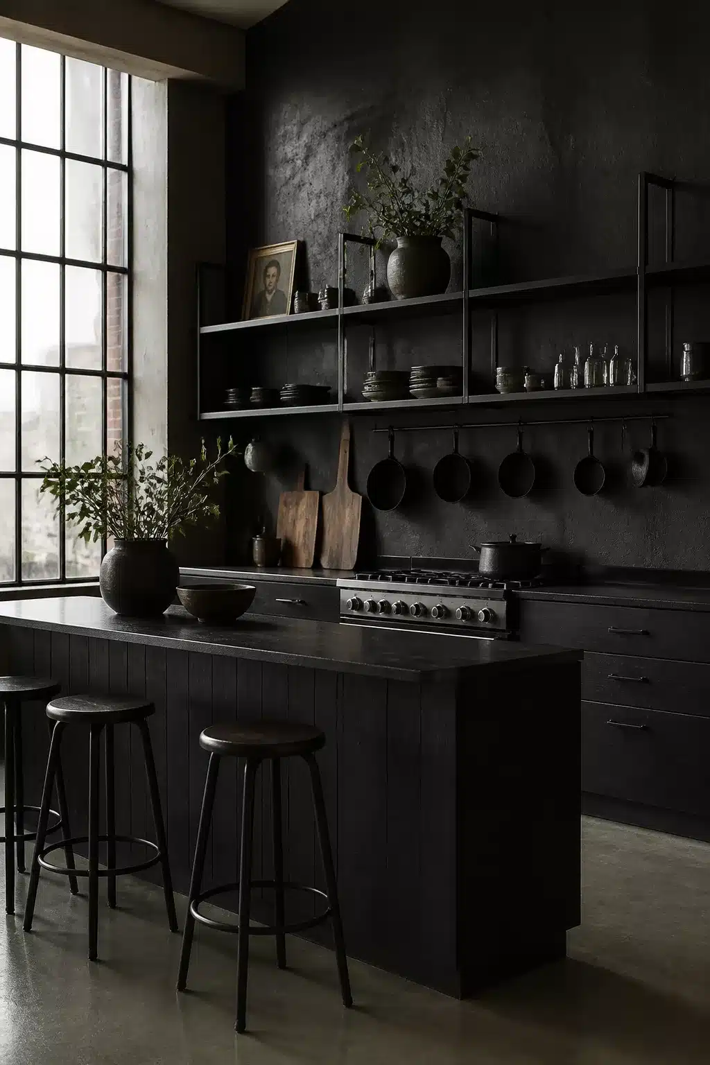 Black kitchen aesthetic ideas with industrial open metal shelving, hung pans, and textured matte black walls