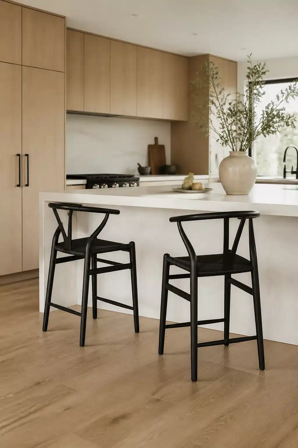 Two matte black wishbone-style kitchen bar stools with woven rope seats at a white stone island in a light oak kitchen