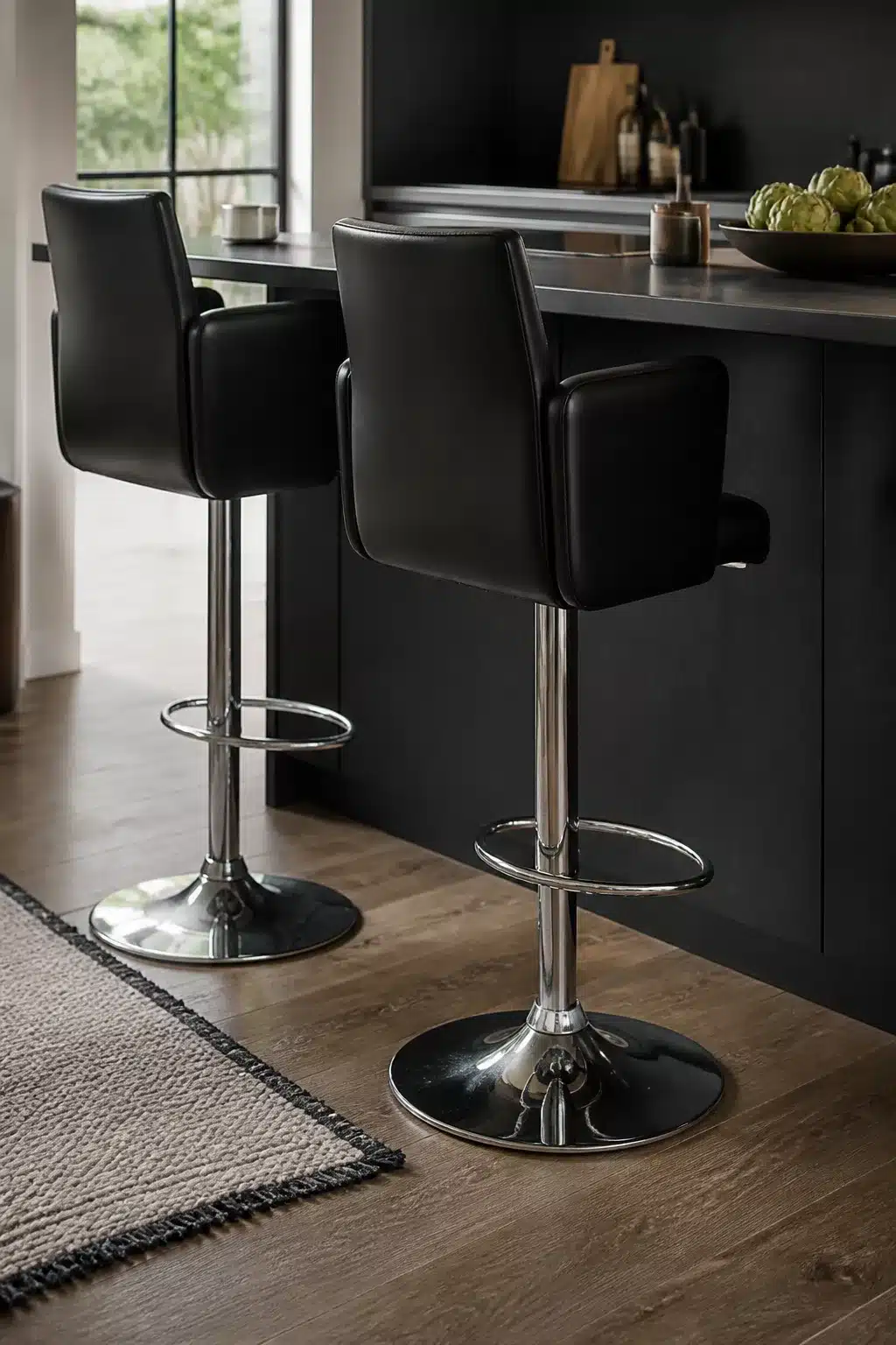 Black faux leather high-back kitchen bar stools with chrome pedestal bases at a dark kitchen island
