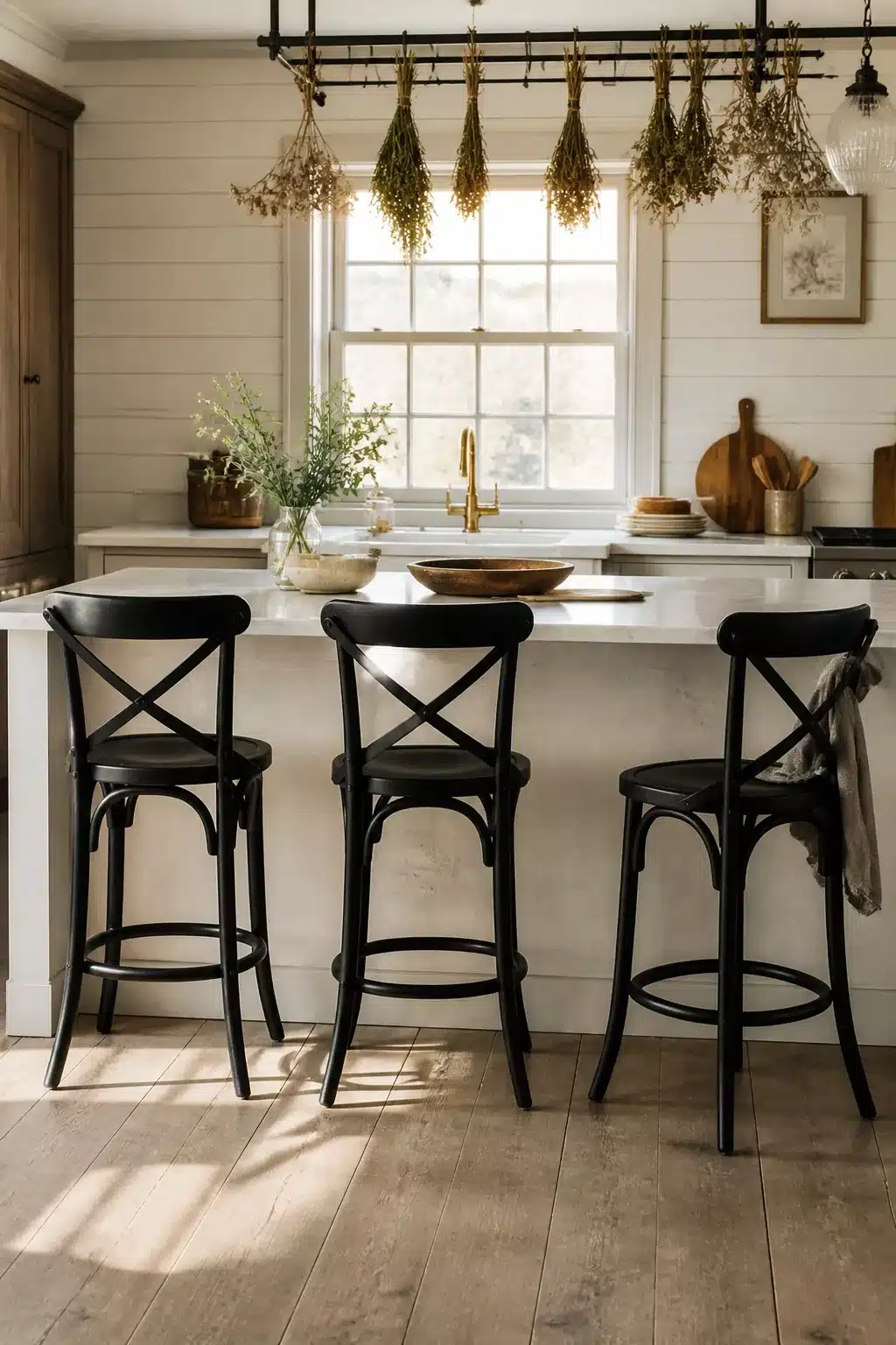 Three black cross-back farmhouse bar stools at a white marble kitchen island — black kitchen bar stools in a shiplap kitchen.
