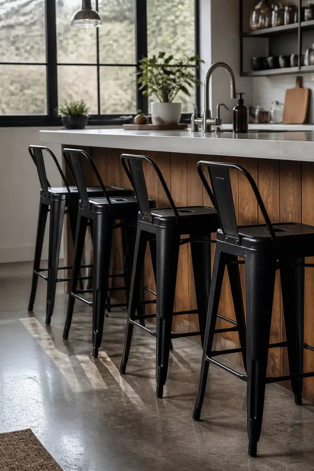 Matte black Tolix-style metal kitchen bar stools lined up at a wood-clad island with concrete floors