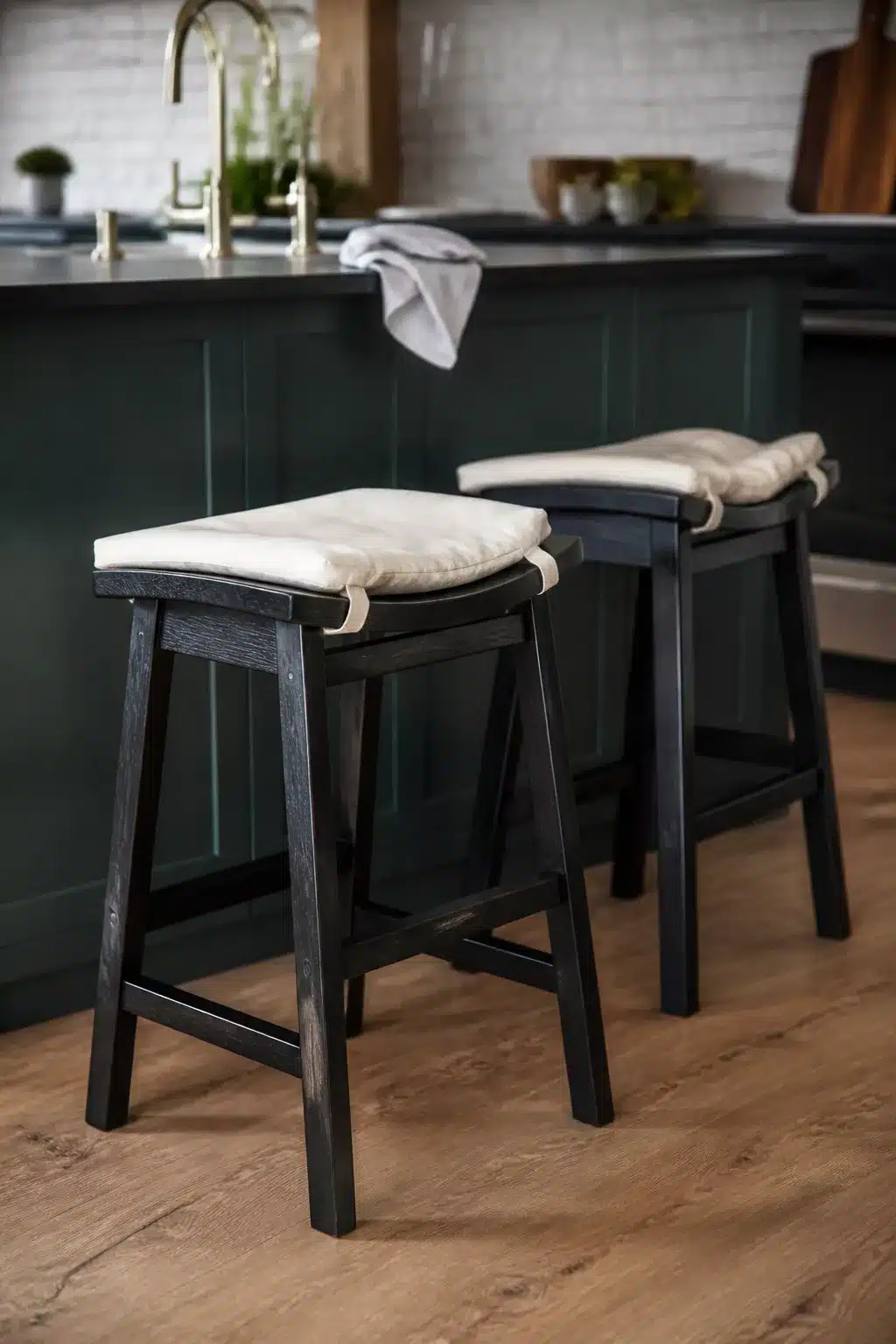 Two black oak saddle-seat kitchen bar stools with linen tie-on cushions in front of a dark green island