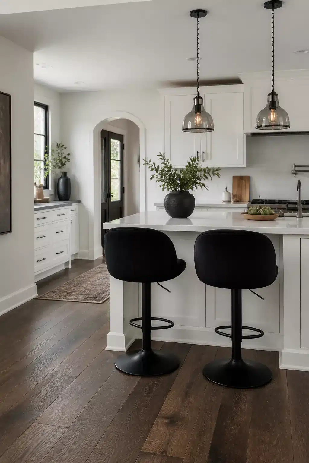 Black kitchen bar stools with barrel-back swivel seats and matte pedestal bases at a white kitchen island