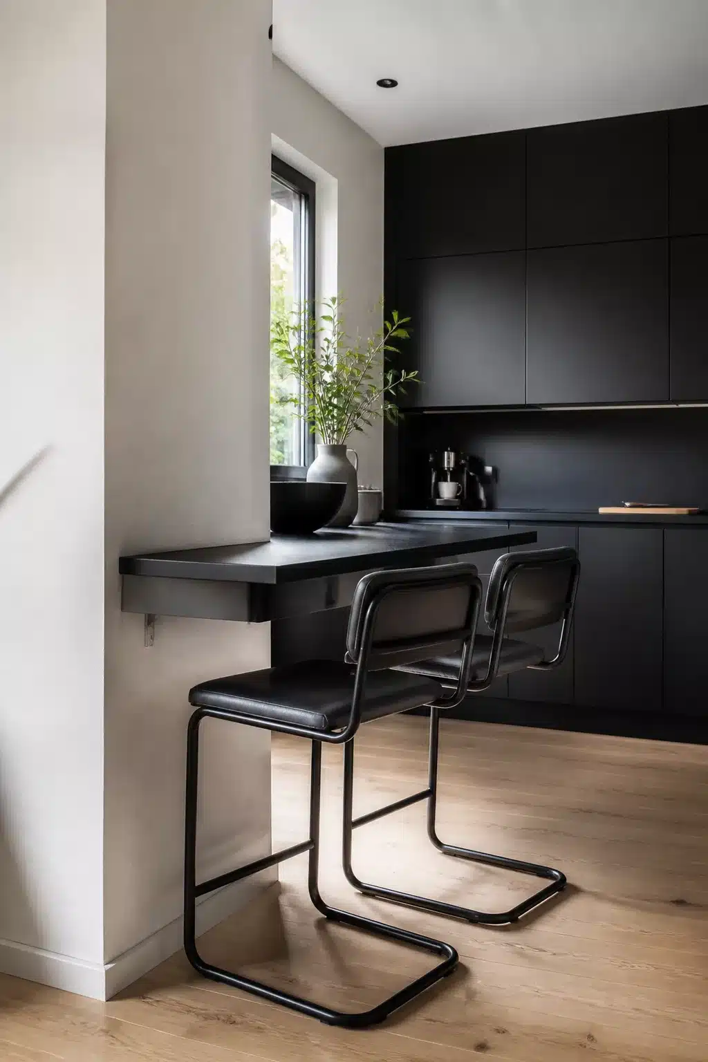 Black kitchen bar stools with cantilever bases at a floating wall-mounted shelf in a matte black minimal kitchen