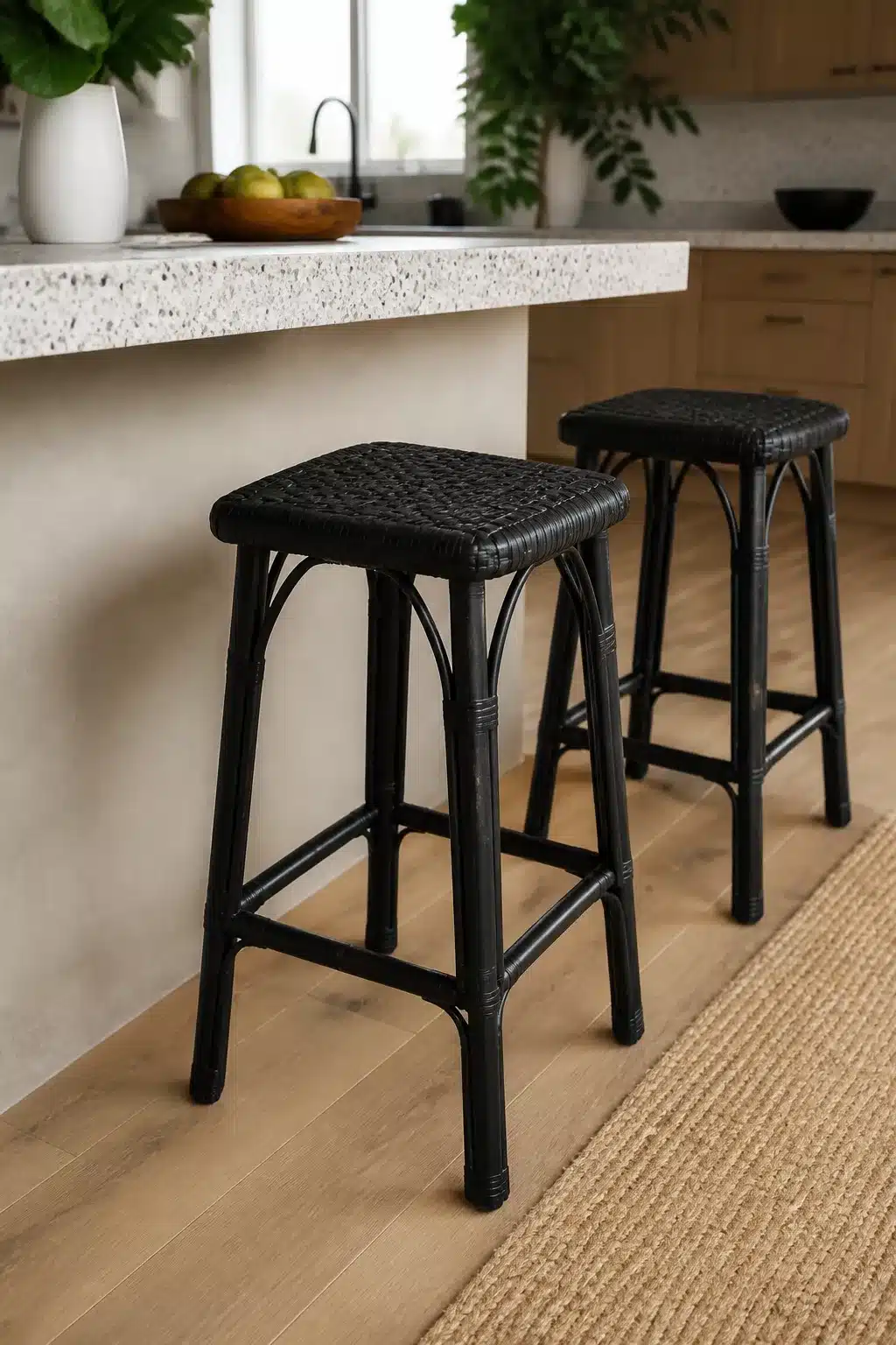Black bamboo and woven rattan black kitchen bar stools tucked under a terrazzo island with warm wood floors.