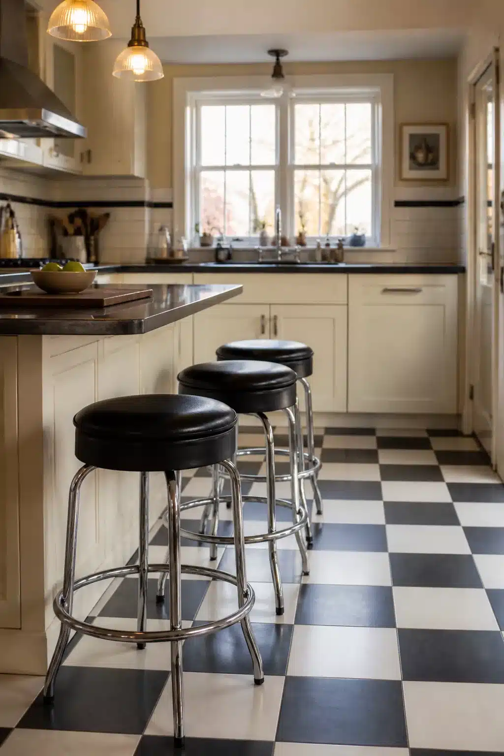 Three retro black vinyl and chrome swivel bar stools at a kitchen island with checkerboard floor