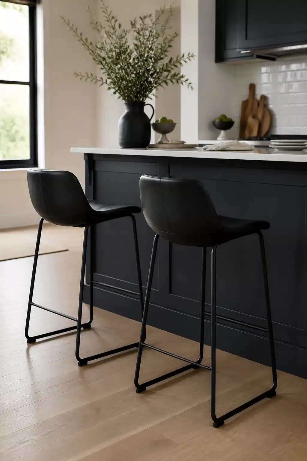 Black kitchen bar stools with bucket leather seats and sled bases at a dark navy kitchen island