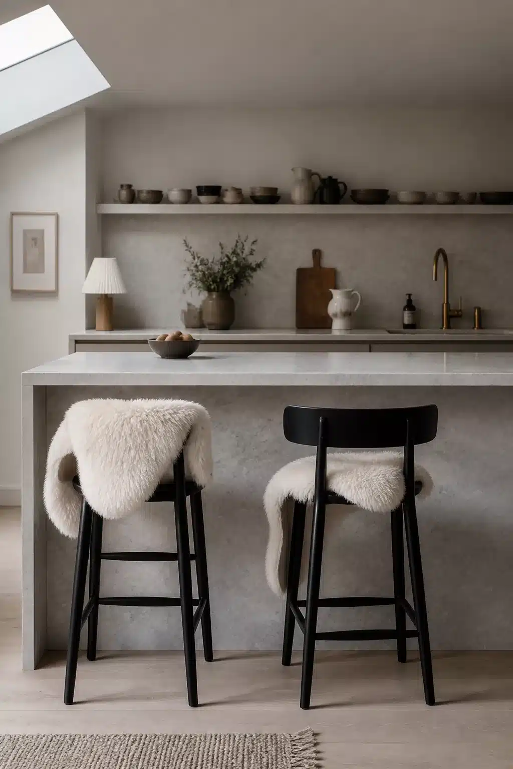 Black wood kitchen bar stools with cream sheepskin throws at a concrete island — black kitchen bar stools styling idea.