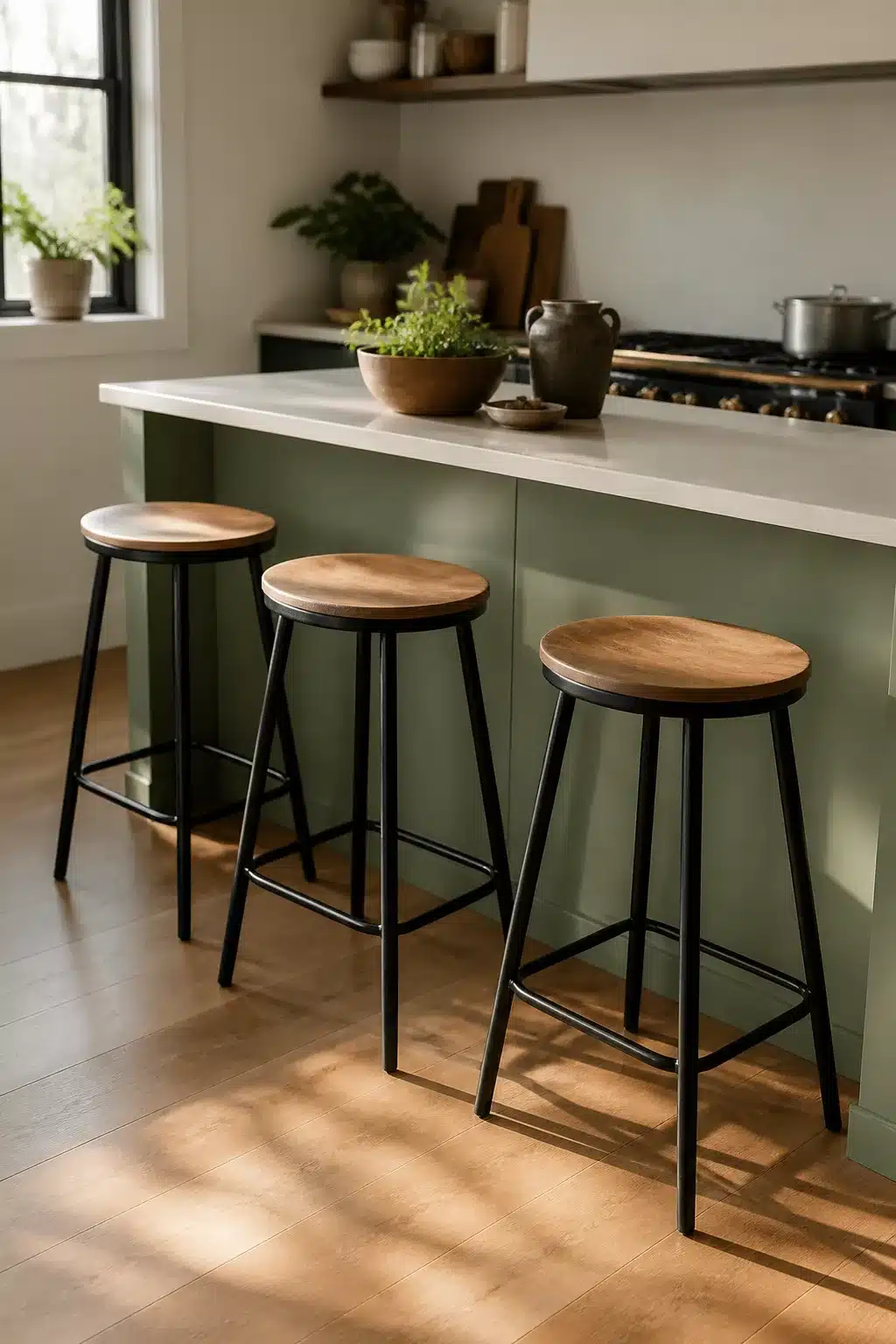 Three black metal bar stools with raw mango wood seats at a sage green kitchen island — black kitchen bar stools