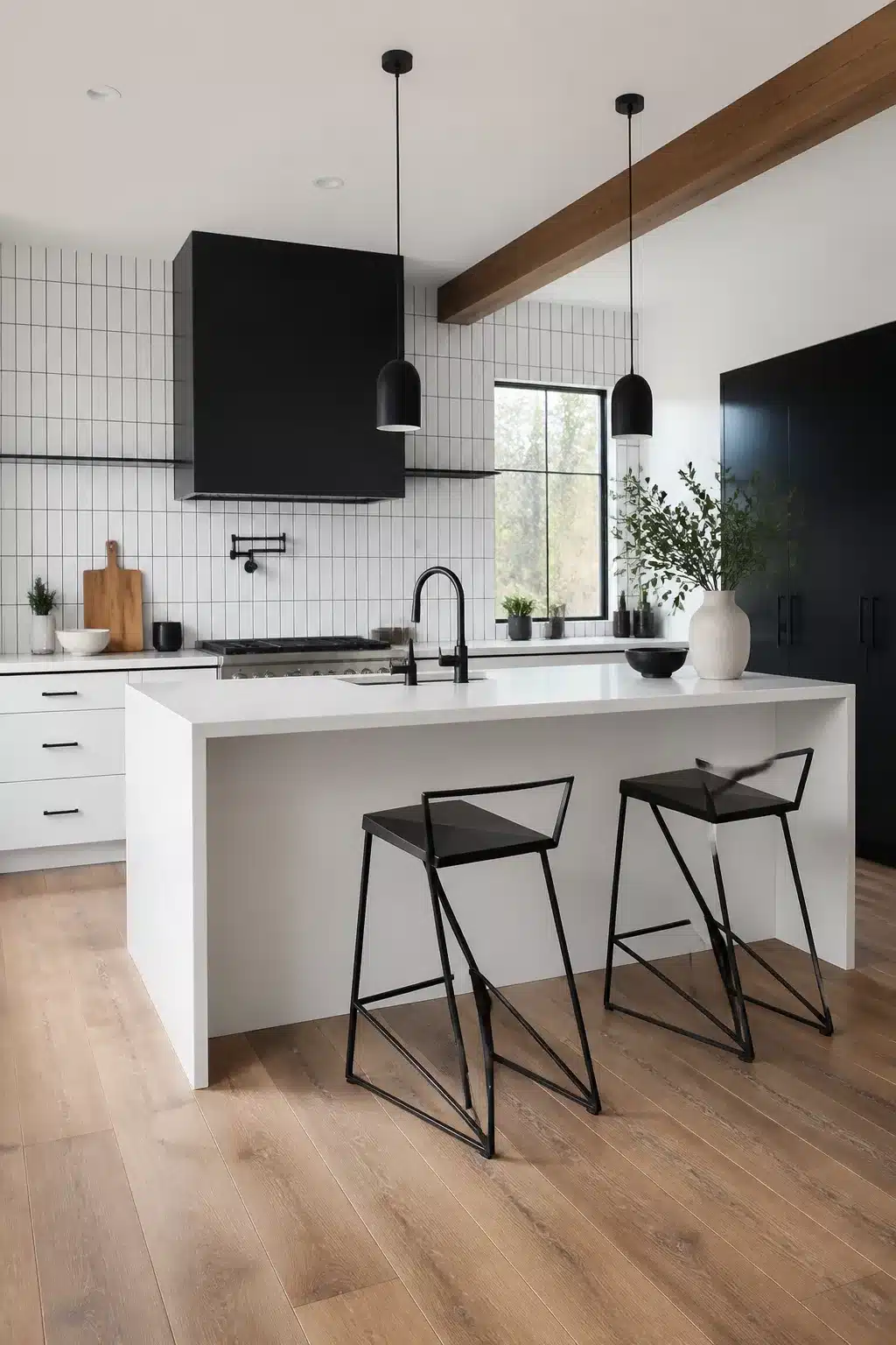 Black kitchen bar stools with stacked geometric steel frames at a white waterfall island in a modern black and white kitchen