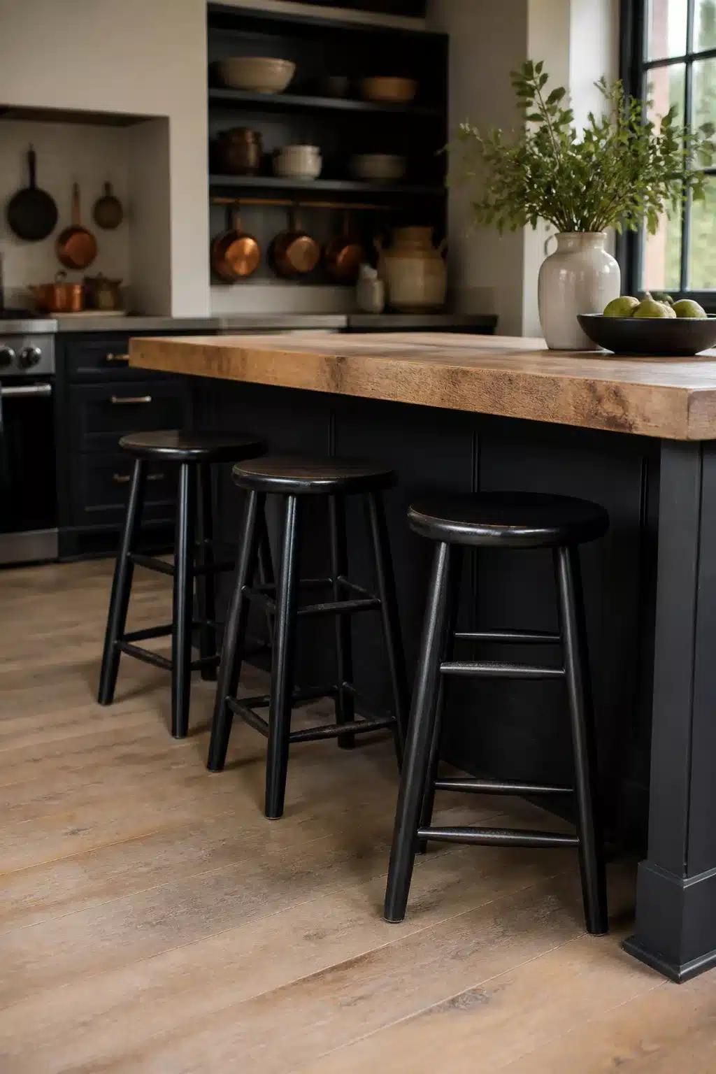 Three backless black lacquered wood black kitchen bar stools at a butcher-block island with dark cabinetry.